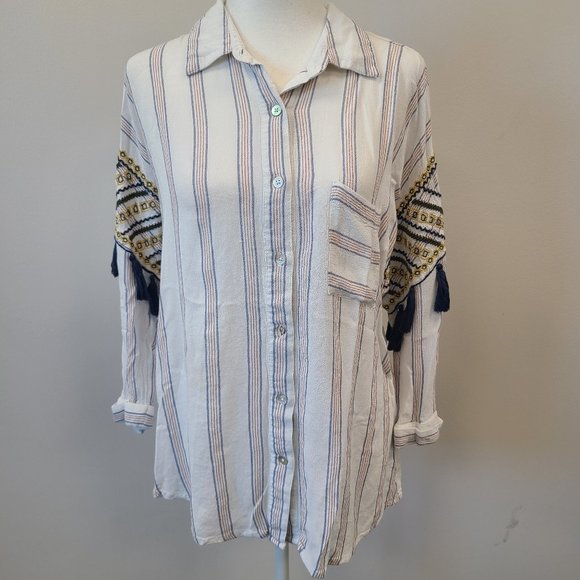 Shyanne Tops - Shyanne White Top with Red/Blue Pinstripe Country Embroidered Tassels